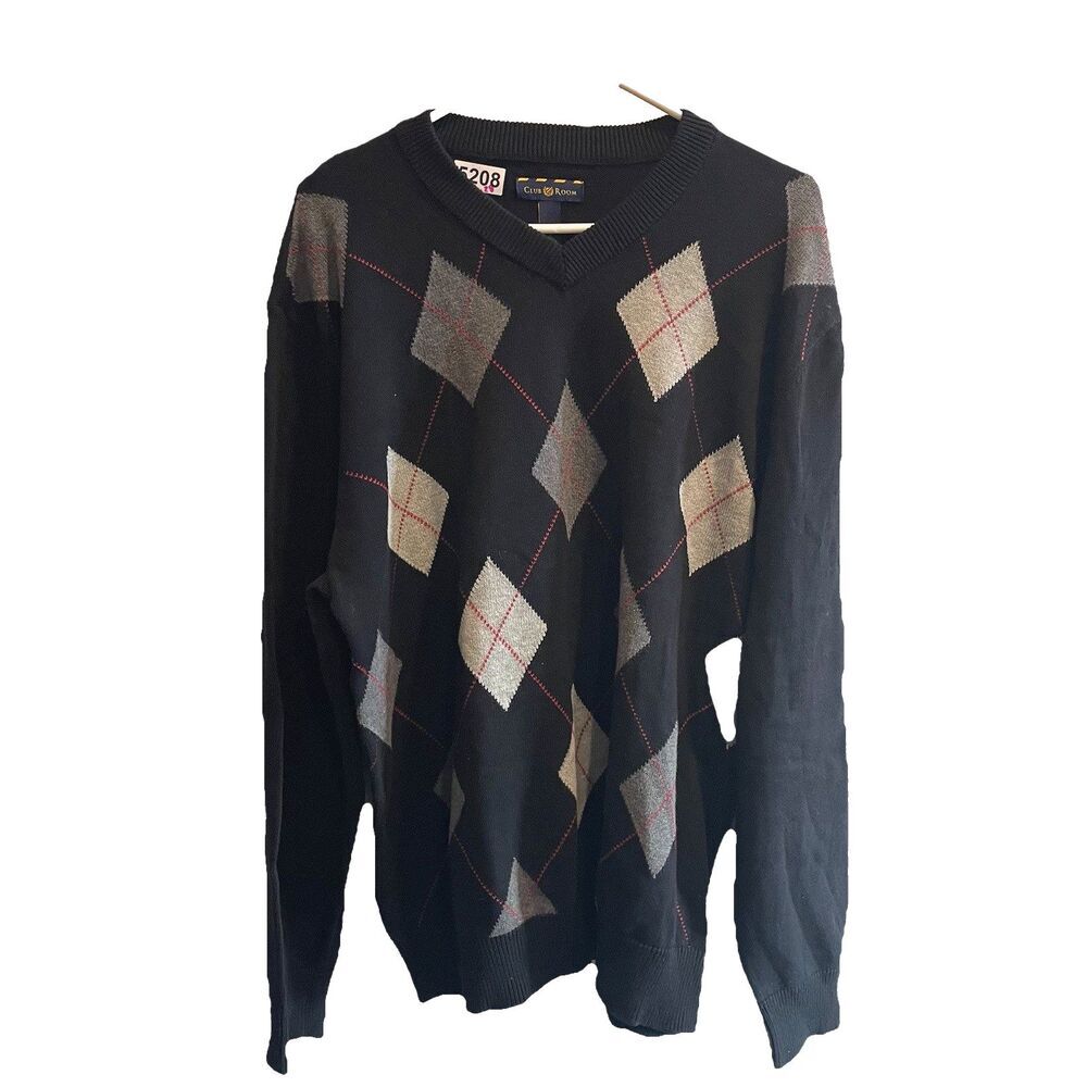 Club Room Men’s V Neck Sweater Black Gray Argyle Diamond L 100% Cotton Classic